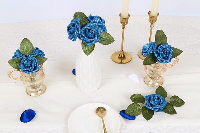 IPOPU Fake Roses,25PCS Blue Roses Glitter Roses Artificial Roses with Stems for Cake Wedding Bouquet Home Party Decoration(Blue)