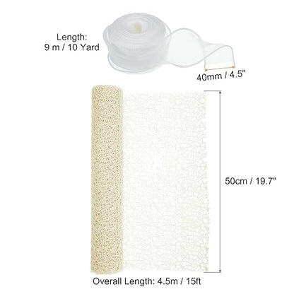 PATIKIL Flower Wrapping Mesh Paper, 15ft Floral Bouquet Craft Packaging Hollow Net Yarn with Ribbon for Flowers Gift Packaging, Cream White