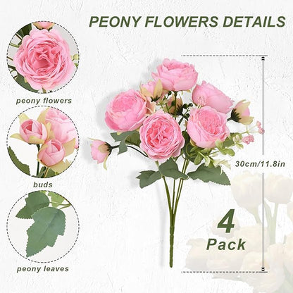 MARTINE MALL 4 Packs Peonies Artificial Flowers, Light Pink Artificial Peonies, Silk Peonies Flowers Fake Peonies Artificial Flowers Peonies Bouquet for Centerpiece Table Wedding Party Home Decor