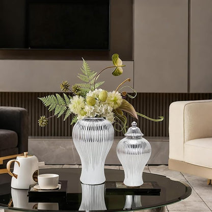 Ginger Jar, White Gold Ceramic Vase Large Handmade Porcelain Vases with Lid, White Gold Decorative Flower Vase for Home, Living Room, Weddings, Centerpieces (B-Silver-Medium)