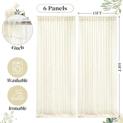 30ft x 10ft Ivory Backdrop Curtain with Lights String for Parties, Sheer Tulle Wedding Photo Backdrops Drapes for Baby Shower Birthday Party Decorations Background for Photography