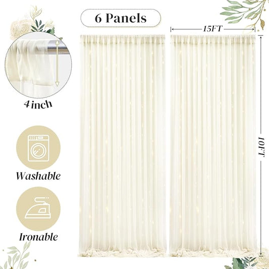 30ft x 10ft Ivory Backdrop Curtain with Lights String for Parties, Sheer Tulle Wedding Photo Backdrops Drapes for Baby Shower Birthday Party Decorations Background for Photography