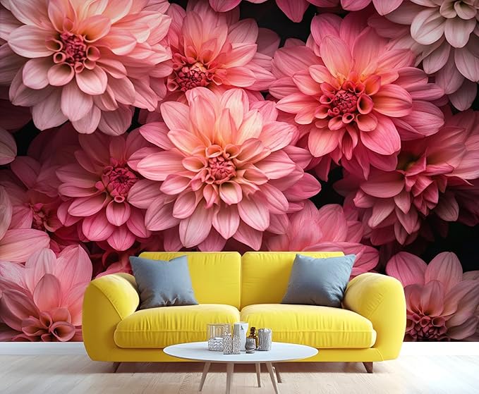 Pink Dahlia Floral Wall Mural, Blush Pink Dahlia 3D Wall Murals, Romantic Floral Wallpaper Mural, for Living Room Bedroom Large Wallpaper Indoor Decor 98.4" W x68.9 H