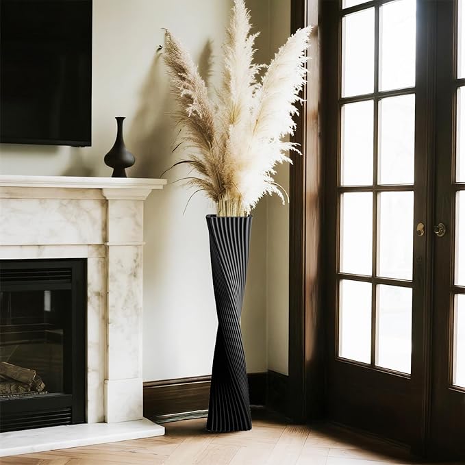 23.6" (60cm) Tall Black Floor Vase for Pampas Grass, Floor Vases for Modern Geometry Decor - Minimalist Skinny Unique Shape Flower Vase for Farmhouse Entryway, Fireplace,Shelf