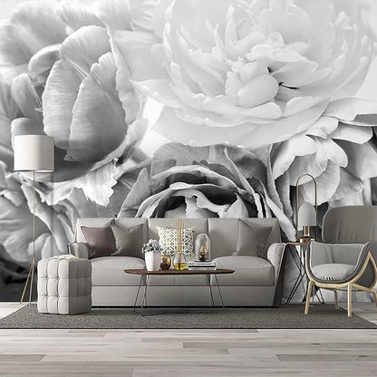 Grey Peony Floral Wallpaper Bedroom Black and White Flowers murals Aesthetic Room Decor Living Room tv Background Large Wall Mural - 160"x108" Not Peel and Stick