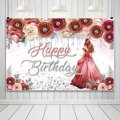AOFOTO Happy Birthday Backdrop Red Beige Pink Rose Floral Diamond Print Photography Background for Women Girls Birthday Party Banner Home Wall Decor Photo Studio Booth Props 10x8ft