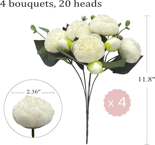 Artificial Peony Flowers, 4Pcs Silk Peonies Fake Peony Bouquets for Home Wedding Office Party Decor (White)