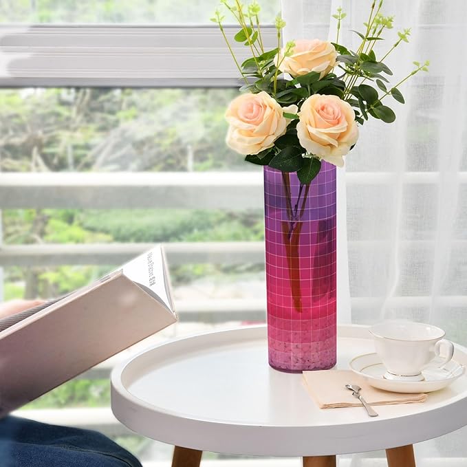 Flower Vase Clear Plastic Cylinder Vases Decor for Centerpieces Home Storage Office Weddings Grid Gradient Pink Purple 11.8 x 3.9 in