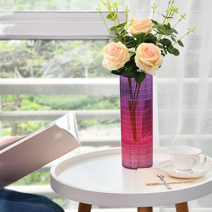 Flower Vase Clear Plastic Cylinder Vases Decor for Centerpieces Home Storage Office Weddings Grid Gradient Pink Purple 11.8 x 3.9 in