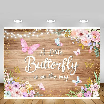 7x5ft Butterfly Baby Shower Backdrop A Little Butterfly is on The Way Photography Background Rustic Wooden Pink Floral Flowers Princess Girl Newborn Party Banner Decoration