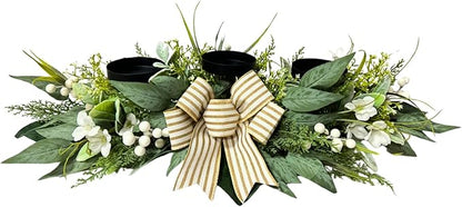 Candle Holder Centerpiece for Table,3 Wick Candle Holder with Artificial Gypsophila Flower,Artificial Eucalyptus Leaves Magnolia Holly Berries and Striped Bow for Table Centerpiece Decor,Dining Room