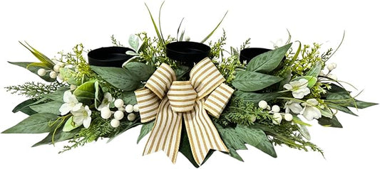 Candle Holder Centerpiece for Table,3 Wick Candle Holder with Artificial Gypsophila Flower,Artificial Eucalyptus Leaves Magnolia Holly Berries and Striped Bow for Table Centerpiece Decor,Dining Room