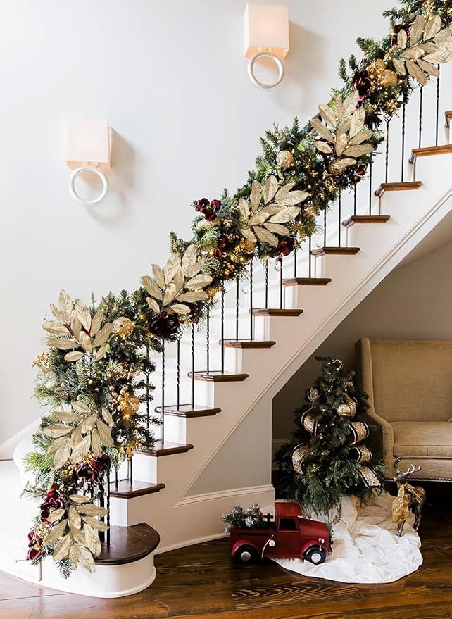 Champagne Christmas Glitter Magnolia Leaves Spray, 31inch Christmas Tree Picks and Sprays, Artificial Glitter Stem Ornaments for Christmas Tree Garland Wreath Centerpiece, 3PCS