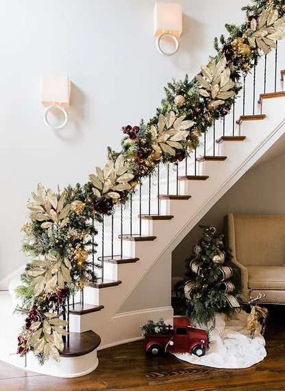 Champagne Christmas Glitter Magnolia Leaves Spray, 31inch Christmas Tree Picks and Sprays, Artificial Glitter Stem Ornaments for Christmas Tree Garland Wreath Centerpiece, 3PCS