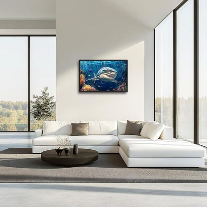 Large Ocean Shark Wall Art for Living Room, Framed Oversized Shark Fish Wall Decor Underwater Marine Life Canvas Painting Modern Artwork for Living Room Bathroom Bedroom Office Dining Room 36"x24"