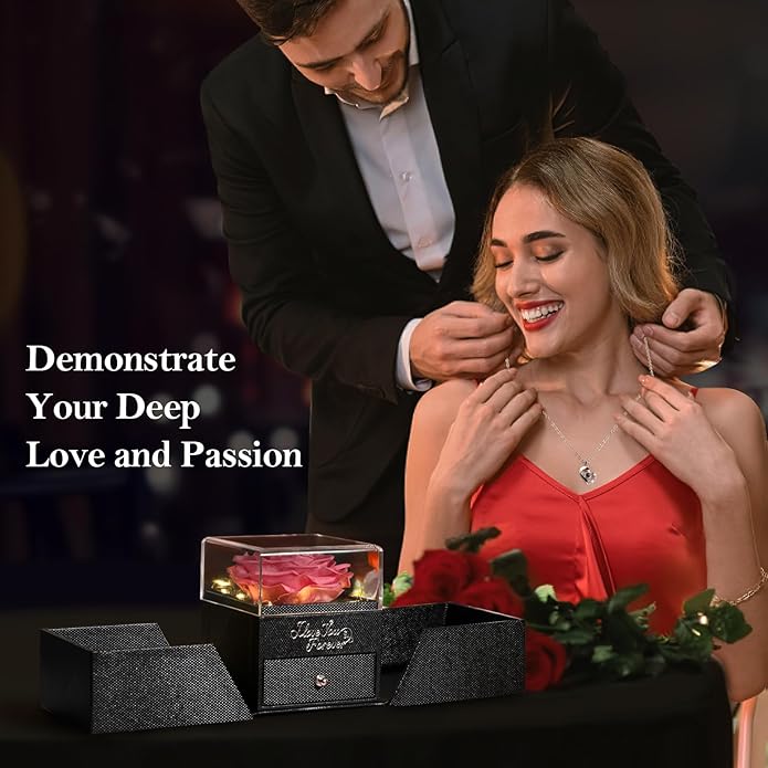 Emibele Preserved Rose Gifts for Women, Eternal Flower Rose Box with Heart Necklace, Romantic I Love You Gifts for Her Women Wife Mom Grandma on Valentines Mothers Day Birthday Anniversary