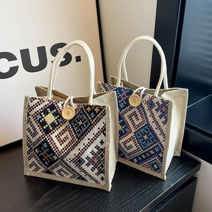 Women Tote Bag,2Pcs Jute Casual Tote's Handbag Embroidered Personalized Bento Bag,Reusable Grocery Bags Shopping Bags