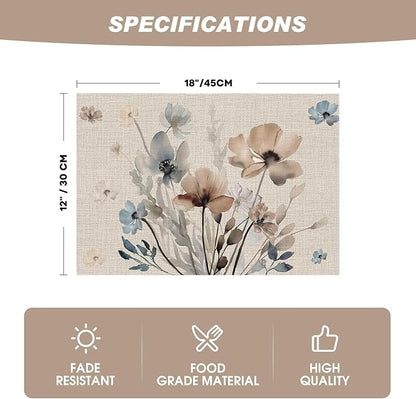 Artoid Mode Brown Poppy Floral Vinyl Spring Placemats Set of 6, Wipeable Plastic Woven PVC Table Mats for Party Kitchen Dining Decor, 12x18 Inch