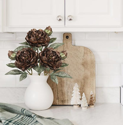 Briful 3PCS Artificial Christmas Peony Flower Stems, 15in Silk Peonies with Bud Fake Peony Floral Arrangement for Xmas Home Vase Party Wedding Bouquet Decor, Coffee Brown