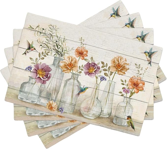 Floral Placemats Set of 4 Flower Hummingbird Table Mats Washable Place Mats for Home Party Indoor Kitchen Dining Table Decoration 12x18 Inch