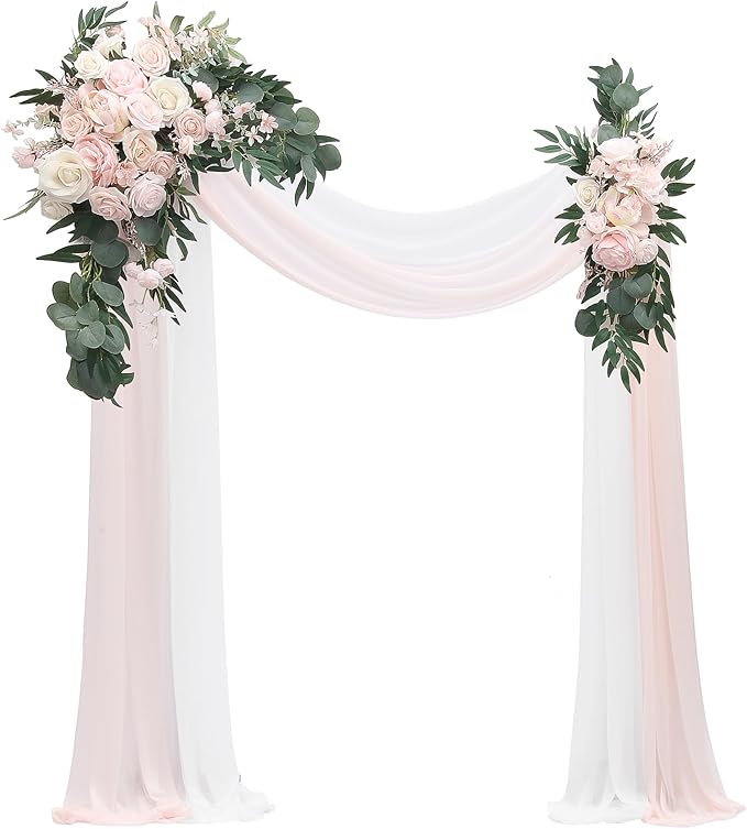 Floroom Arch Flowers with Drapes Kit (Pack of 4) - 2pcs Artificial Blush Pink Floral Swag Arrangement with 2pcs Draping Fabric for Wedding Ceremony Arbor and Reception Backdrop Decoration