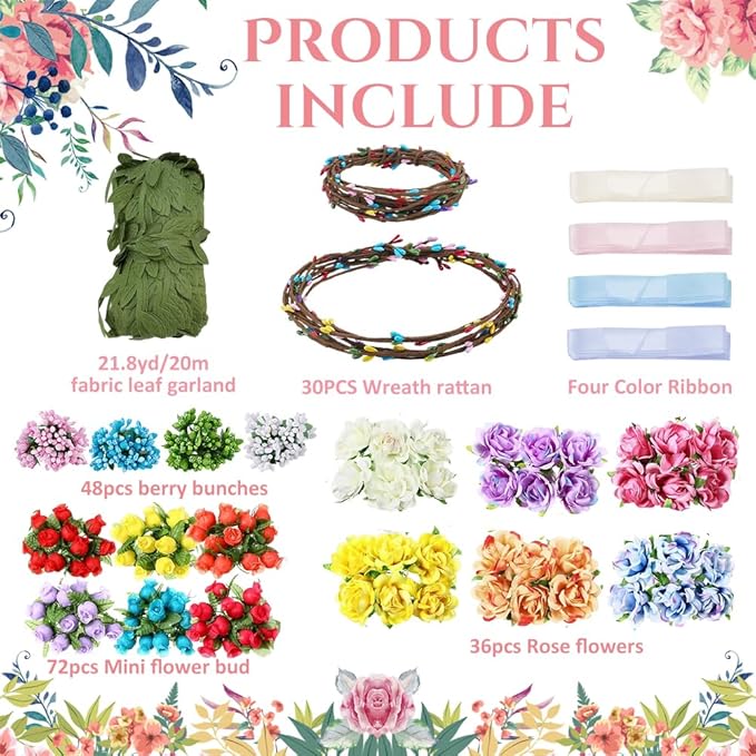 INFUNLY 30 Set DIY Artificial Flower Wreath 6-Color Rose Wedding Crowns Making Kit Berries Branches Hanging Floral Wreath for Front Door Make Your Own Flower Headbands Bracelets Kit for Women Girl