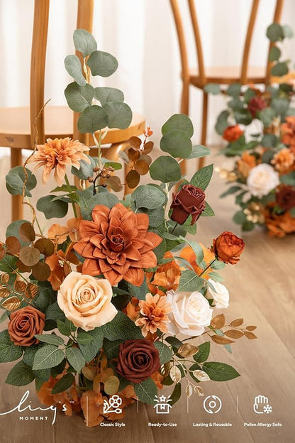 Ling's moment 17.5" Tall Standing Artificial Flowers Arrangements 2 pcs Wedding Aisle Runner Chair Decorations Terracotta & Burnt Orange Centerpieces for Ceremony Reception Rose Floral Party Outdoor