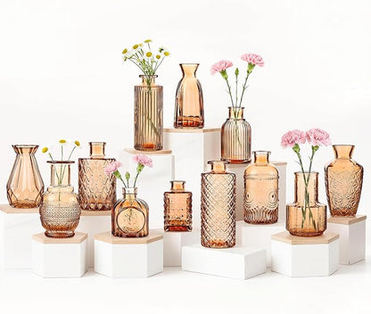 Bud Vases Set of 12, Small Mini Glass Vases for Centerpieces - Elegant Vintage Style - Perfect for Table Decor, Wedding, Party Centerpieces - Great Gift for Home Decor Lovers (Amber)