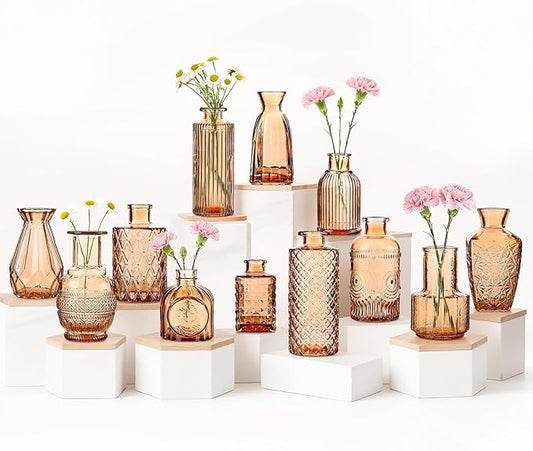 Bud Vases Set of 12, Small Mini Glass Vases for Centerpieces - Elegant Vintage Style - Perfect for Table Decor, Wedding, Party Centerpieces - Great Gift for Home Decor Lovers (Amber)