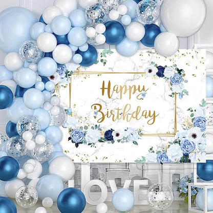 MEHOFOND 8x6ft Happy Birthday Backdrop Blue and White Flowers Bday Photography Background Girls Geometric Gold Glitter Dots Birthday Floral Party Decorations Cake Smash Decor Studio Photo Props