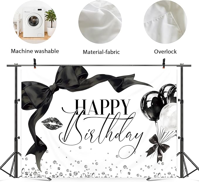 Black Bow Happy Birthday Banner Backdrop 8Wx6H Photography Girls Coquette Birthday Decorations Black White Bowknot Balloons Background Women Party Decorations Photo Booth Props Supplies