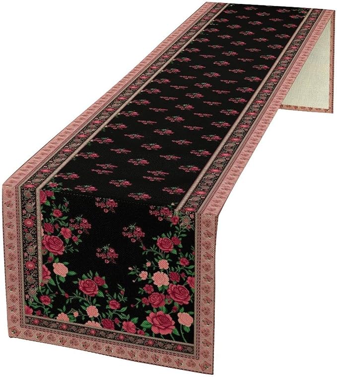 Romantic Rose Table Runner, Black Red Floral Blossoms Farmhouse Rustic Decor Table Runner for Kitchen Dining Home Party Wedding, 13x70 Inch