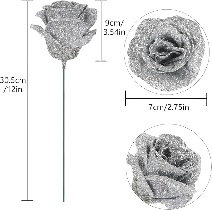 30PCS Silver Roses Artificial Flowers Fake Glitter Roses Silk Flower for DIY Crafts Wedding Bouquet Party Home Decor(Silver)