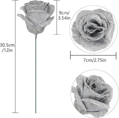 30PCS Silver Roses Artificial Flowers Fake Glitter Roses Silk Flower for DIY Crafts Wedding Bouquet Party Home Decor(Silver)