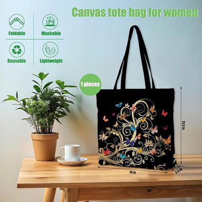 Decohim Floral Butterfly Canvas Tote Bag Boho Canvas Bag with Pocket for Work Office Women Girl Christmas Birthday Gifts