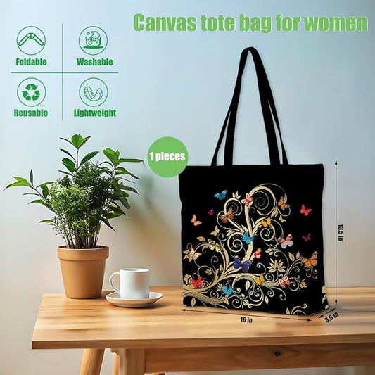 Decohim Floral Butterfly Canvas Tote Bag Boho Canvas Bag with Pocket for Work Office Women Girl Christmas Birthday Gifts