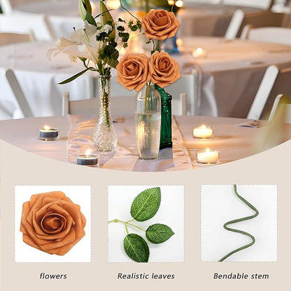 50Pcs Artificial Flowers Gold Sparrow Roses Real Looking Foam Fake Roses with Leaves for DIY Wedding Bouquets Bridal Shower Party Decorations (Gold Sparrow, 50)