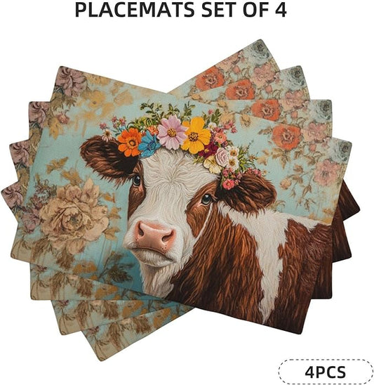 Farmhouse Cow Placemats Set of 4 Washable Table Mats Spring Cow Floral Heat-Resistant Cotton Linen Place Mats for Dining Table Kitchen Indoor Outdoor Party Holiday Decor