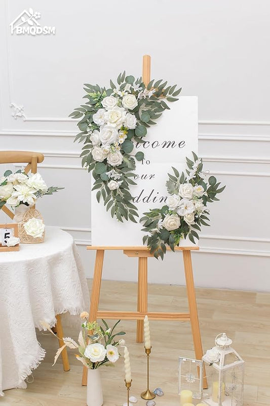 Wedding Arch Faux Flowers Set of 2, Welcome Sign Floral Decoration and Wedding Signs for Ceremony Reception Table Home Decoration (2ps White)