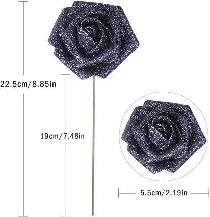 IPOPU Black Glitter Roses, 25pcs Foam Glitter Roses Glitter Flowers Foam Rose with Stem for DIY Wedding Bridal Bouquet Home Party Decoration(Black)