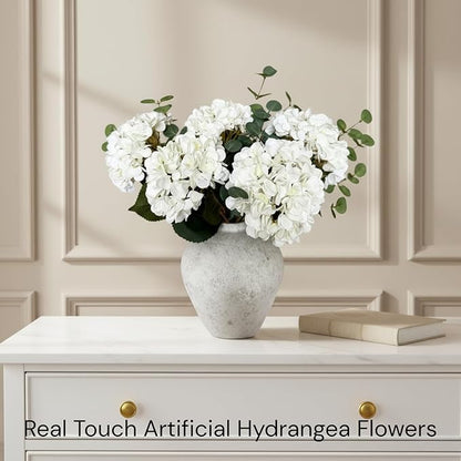 Real Touch White Faux Hydrangea And Eucalyptus Arrangement, Faux Floral Arrangements, Hyper Realistic Artificial Flowers, White Centerpieces For Kitchen Dining Coffee Table Decor, 5 Heads + Greenery