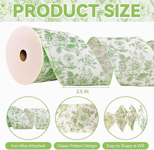 Green Floral Wired Ribbon 2.5 Inch Chinoiserie Vintage Flower Decorative Fabric White and Green Ribbon for Bow Wreath DIY Crafts, 15 Yards