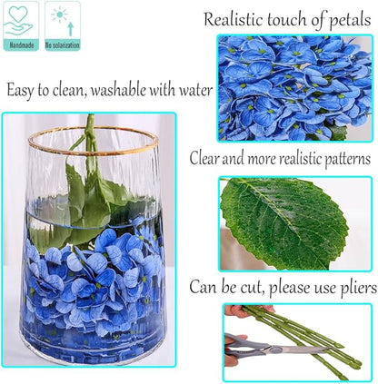 Kimura's Cabin 5Pcs Blue Artificial Hydrangea Flower 21inch Real Touch Fake Hydrangeas Flowers Long Stem with Leaves Hydrangea Bouquet for Wedding Baby Shower Birthday Party Home Interior Decoration