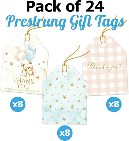 Pro Supply Global 24 Count of 2.5 Inch x 3 Inch Pre Strung Teddy Bears Gift Tag Assorted Printed Designs on Large Cardstock Gift Hang Tags - Ideal to Use on Bags