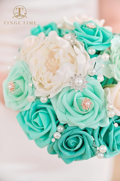 TINGE TIME 7 Inch Artificial Flowers Wedding Bouquets for Bridesmaid, Set of 4, Bride Tossing Bouquet for Rustic Wedding Ceremony Bridal Shower Vintage Party (Teal Green & Champagne)