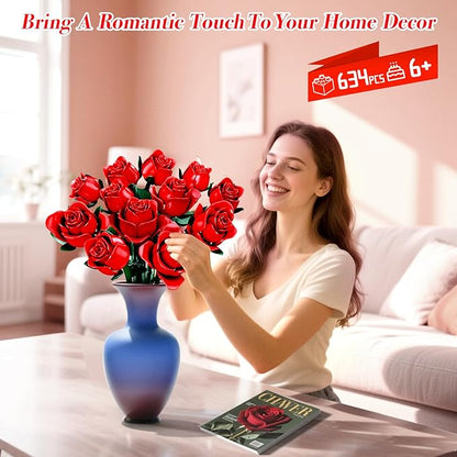 Flowers Bouquet Building Set, 12 Artificial Red Roses Botanical Collection Building Block Educational Toys Gift for Girls Kids Women Valentines Mothers Day Christmas Birthday Gift, 634 PCS