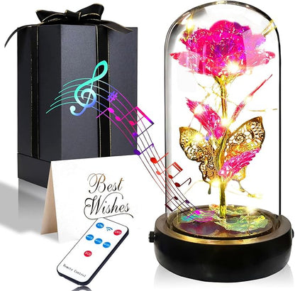 Birthday Rose Flower Gifts for Women, Glass Flower Gift for Mom from Daughter Son, Pink Light Up Rose in Glass Dome with Music Box for Her Wife Grandma