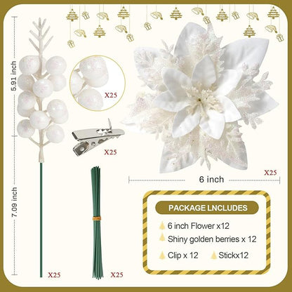 50pcs Glitter Poinsettia Christmas Ornaments, Artificial Flowers with Clips Stems for DIY Wreath Making, Holiday Home Party Decorations, Indoor Use (White)