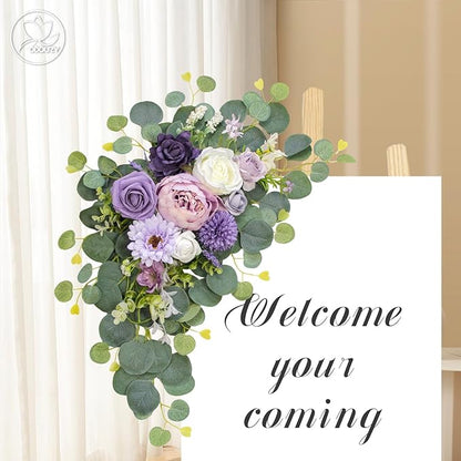 Artificial Wedding Arch Flowers for Wedding Sign,Set of 2 for Wedding Welcome Ceremony Sign,Faux Floral Swags,Wedding, Banquet and Reception Backdrop Floral Decoration (Purple)
