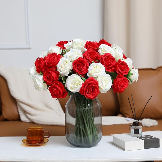Tifuly Roses Artificial Flowers - 12 pcs Realistic Long Stem Fake Roses Mashup Style Silk Roses for DIY Bouquets Wedding Centerpieces Arrangements Home Party Decor（White & Red）